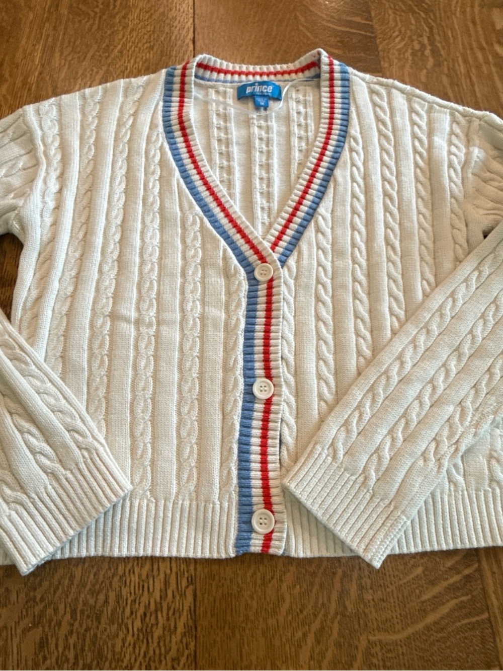 Prince Cream Cable Knit Cardigan with Red & Blue Stripe Trim - Picture 6 of 13
